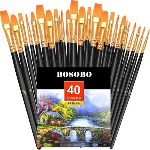 Vista 22 de BOSOBO Juego de pinceles de pintura, 10 pinceles de punta redonda puntiaguda, pinceles de nailon para artistas de cabello acrílico, acuarela