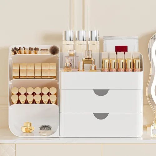 Vista 2 de Organizador de Maquillaje con 2 Cajones M y Portacepillos - Estuche de Almacenamiento de Cosméticos para Tocador, Encimera de Baño y Escritorio