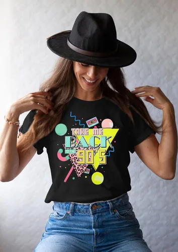 Vista 5 de Traje de los años 80 para mujer, camisetas con texto en inglés "I Love The 80", trajes de fiesta temática de los años 80, camisetas casuales