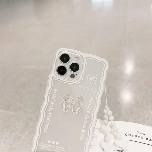 Vista 4 de Casechics Compatible con iPhone 13 Pro, pajarita de cristal, blanco Delgado, suave, transparente, con cadena de pulsera, para mujeres y niñas