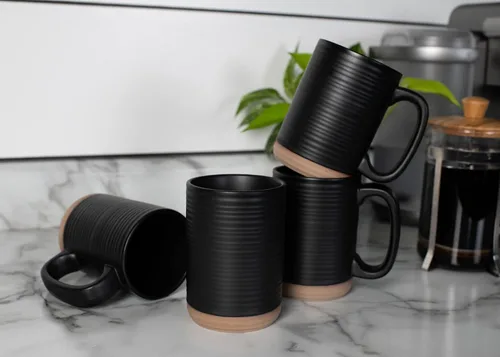 Vista 6 de Elanze Designs Juego de 4 tazas de café de cerámica de 16 onzas con fondo de arcilla cruda acanalada alta