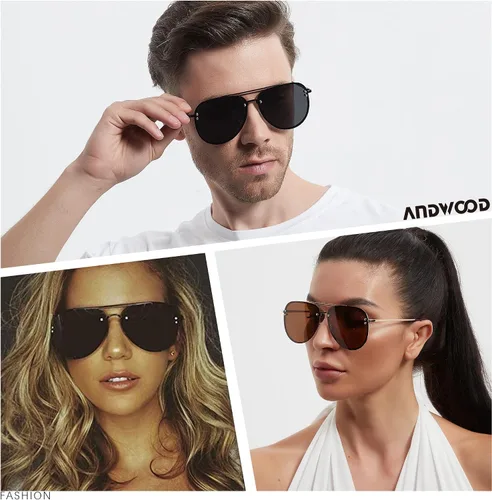 Vista 4 de ANDWOOD Gafas de sol de aviador de gran tamaño para mujeres y hombres, marco de metal sin montura grande con bisagras de resorte