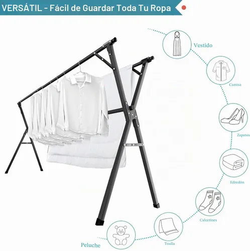 Vista 2 de Estante de secado de ropa de 95 pulgadas, estante de secado plegable para interiores y exteriores, de acero inoxidable resistente, perchero portátil