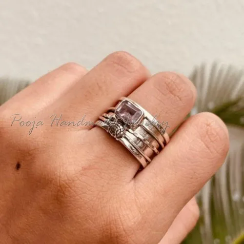 Vista 2 de Rose Quartz Ring Band, Spinner Ring Women, Handmade Spinner Ring, Tortuga Ring Silver, 925 Sterling Silver Ring, Fidget Spinner Ring Women, Gift For