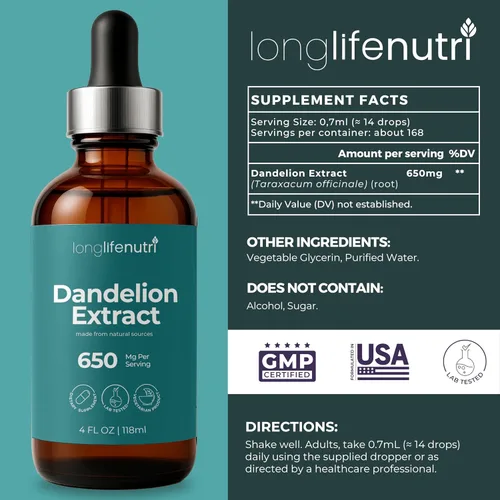 Vista 2 de Gotas líquidas de extracto de raíz de diente de león, procedentes de Taraxacum Officinale, 4 onzas líquidas para digestión natural y bienestar