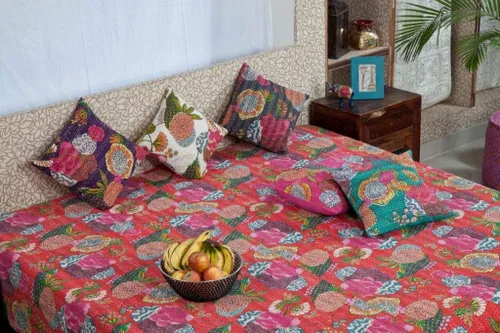 Vista 5 de SHIRANYA Colcha india de algodón con estampado de múltiples frutas de algodón, tamaño individual, queen, king, estampado floral, ropa de cama Beige