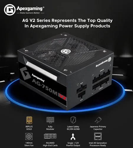 Vista 4 de Apexgaming AG-750M V2 750Watt 80PLUS Gold Fuente de alimentación totalmente modular