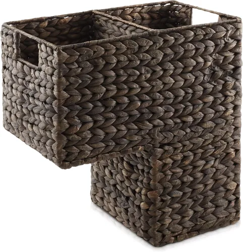 Vista 3 de Casafield - Canasta de escalones con asas, marrón oscuro espresso - Canasta de almacenamiento tejida de jacinto de agua para escaleras Espresso