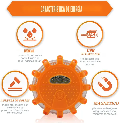 Vista 2 de Ecoangel Bengalas LED de Carretera Recargables por USB Luces de Emergencia - Baliza de Seguridad para Automóvil de Advertencia en Carretera Kit de 3