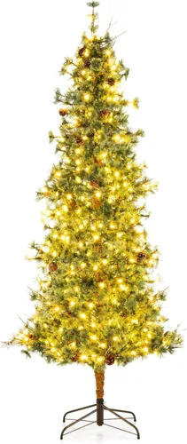 Vista 14 de GOFLAME Árbol de Navidad artificial preiluminado de 4 pies, árbol de Navidad delgado con nieve en forma de lápiz con luces LED multicolor y blanco