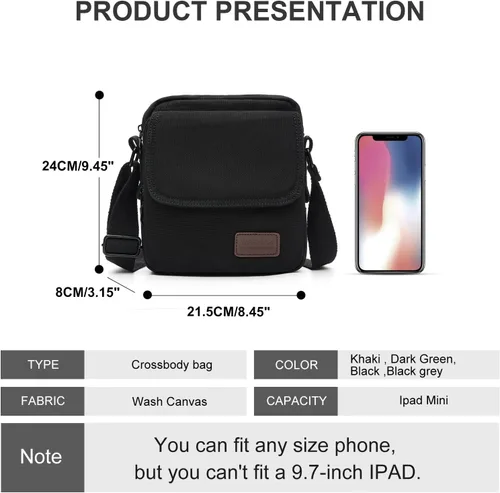 Vista 3 de Bolso cruzado pequeño para hombre, bolso de hombro de lona tipo mensajero, bolso cruzado para hombre, bolsas laterales sobre el hombro