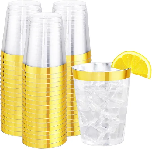 Vista 10 de I00000 100 vasos de plástico dorados, vasos de plástico transparente de 10 onzas con borde dorado, tazas de cerveza, taza dura desechable