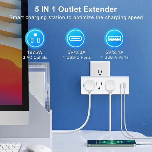 Vista 2 de Extensor de toma de corriente múltiple, 3 puertos AC+2 USB A y C con luz indicadora, estación de carga de 3 clavijas 15A/125V/1875W, grifo de pared