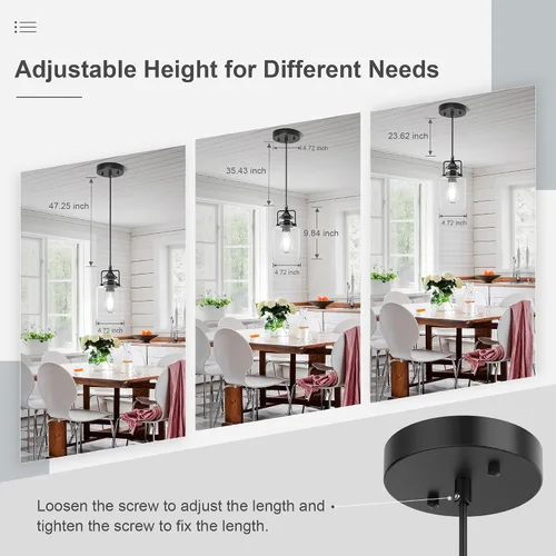 Vista 4 de Paquete de 3 Luces Colgantes para Isla de Cocina, Lámpara Colgante Negra Moderna, Luces de Isla de 47 Pulgadas, Cuerda Ajustable, Vidrio