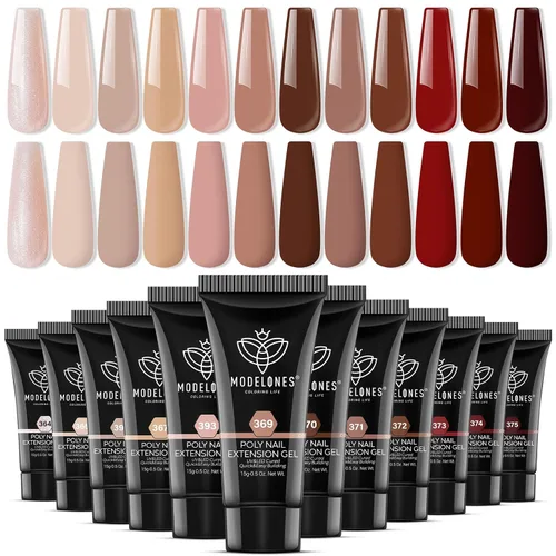 Vista 13 de Modelones - Juego de gel de extensión de uñas de polietileno, kit de gel de 12 colores con tonos rosa brillante y desnudo, para manicura francesa