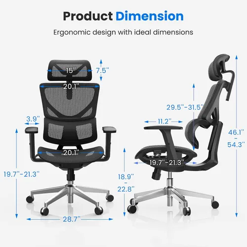 Vista 2 de OdinLake L1 Ergo Upgrade 518 - Silla de oficina ergonómica de malla negra, grande y alta, 350 libras, soporte lumbar dinámico, altura ajustable