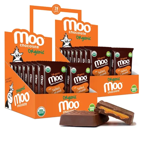 Vista 22 de Moo Chocolates ' Mini barras de chocolate negro sólido natural, 0.7 onzas (14 unidades)