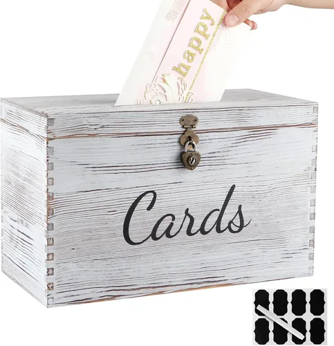Vista 9 de MDLUU Caja de madera para tarjetas de boda, caja rústica para dinero de boda con cerradura, soporte para sobre, caja de recepción de tarjetas