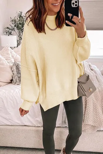 Vista 3 de LILLUSORY Suéter de manga larga con cuello redondo para mujer, de gran tamaño, de punto acanalado con abertura lateral