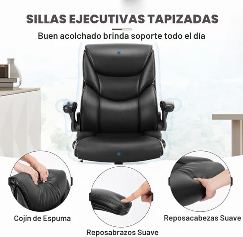 Vista 5 de OLIXIS Silla de escritorio de cuero PU, silla de oficina ergonómica, reposabrazos abatibles Negro