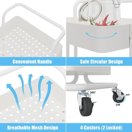 Vista 6 de Devo Carrito con ruedas de 4 niveles, carrito de almacenamiento resistente, con asa, 4 ganchos laterales, 2 tazas de almacenamiento y ruedas