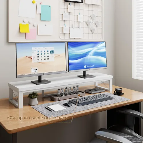 Vista 8 de IBUYKE Soporte elevador grande para monitor doble para 2 monitores, soporte de madera para monitor de computadora de escritorio, estante de Blanco