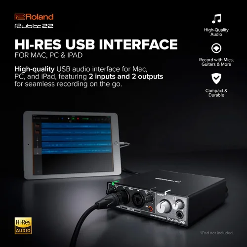 Vista 2 de Roland Rubix22 - Interfaz de audio USB de 2 entradas/2 salidas Audio de alta resolución Graba con micrófonos, guitarras, teclados y más