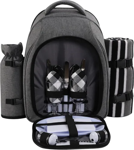 Vista 17 de apollo walker - Mochila para picnic para 2 personas con compartimento refrigerado, soporte desmontable para botella/vino, manta de forro polar
