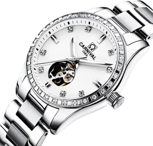 Vista 29 de Carnival Reloj de mujer con esqueleto mecánico automático, cristal de zafiro sintético, oro rosa, acero inoxidable, impermeable, color blanco