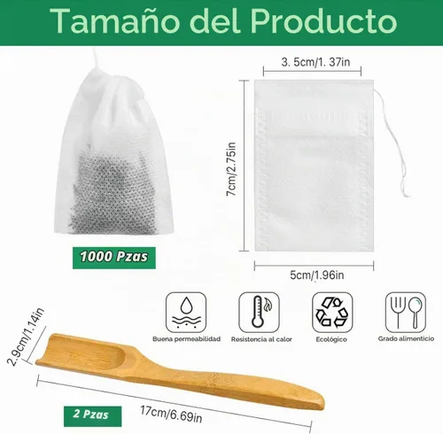 Vista 3 de 1000 bolsas de té desechables para té de hojas sueltas, bolsas de té vacías con cordón a granel, bolsas de filtro de té con cucharas de té para té