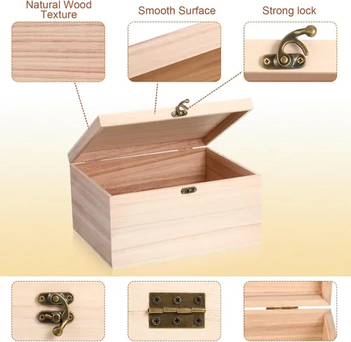 Vista 4 de Yookeer 2 Piezas Cajas Grandes de Madera Sin Terminar con Tapa con Bisagras y Cierre Frontal, Cajas de Madera Rectangulares Sin Pintar
