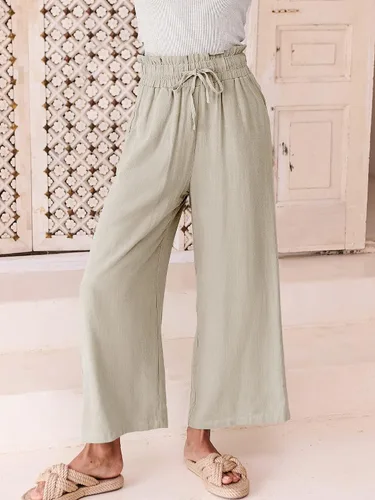 Vista 7 de ANRABESS Pantalones de lino para mujer, estilo casual, holgados, cintura alta, cordón de pierna ancha, pantalones capri palazzo con bolsillos