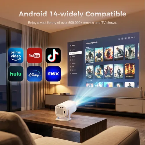 Vista 3 de Mini proyector con Wifi y Bluetooth, Android 14 integrado, proyector portátil para uso en exteriores y techo, Keystonet automático y giratorio