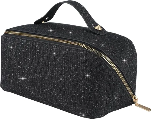 Vista 9 de KEYPOWER Bolsa de cosméticos de lentejuelas con purpurina de gran capacidad, bolsa de maquillaje de viaje, bolsa de aseo portátil brillante