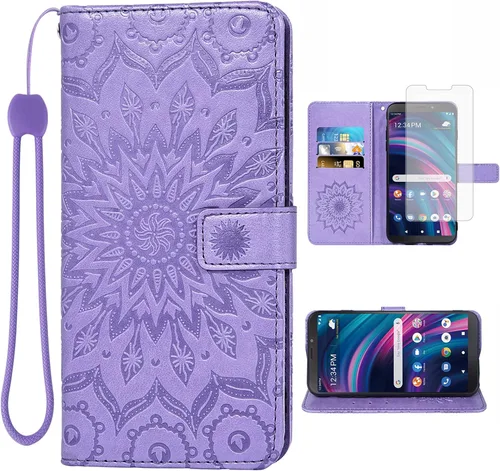 Vista 10 de Asuwish Funda para teléfono BLU View 3 B140DL con protector de pantalla de vidrio templado y piel de girasol, delgada, soporte para tarjetas Azul