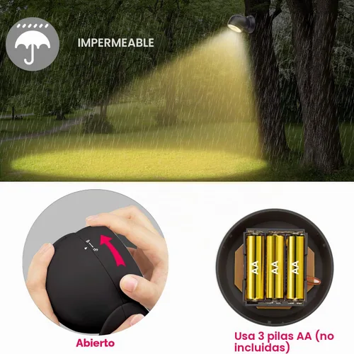 Vista 5 de HONWELL Luz con sensor de movimiento funciona con pilas, foco inalámbrico para exteriores, detector de movimiento impermeable, luz de inundación