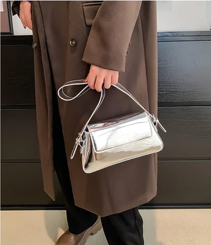 Vista 3 de Bolso de noche para mujer, bolso de mano Y2k, plateado brillante, bolso de mano, bolso de fiesta, lindo bolso metálico