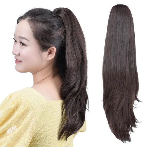Vista 34 de Cola de caballo con clip, color castaño rojizo, ondulado de 10 pulgadas, extensión de cola de caballo de 3.3 onzas, extensiones de cabello sintético