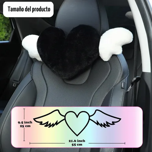 Vista 2 de Paquete de 2 almohadas para reposacabezas de automóvil en forma de corazón con alas de ángel, cómodo cojín suave para reposacabezas kawaii Negro