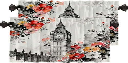 Vista 49 de Cortinas opacas de cocina con pintura al óleo de Europa rosa y negra para ventanas, cenefas opacas modernas de torre Eiffel de poliéster multicapa