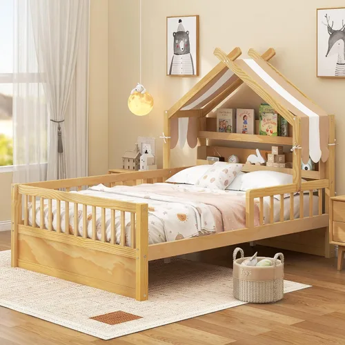 Vista 26 de VilroCaz Cama de plataforma de tamaño individual con barandilla y cabecera multifuncional, base de cama de plataforma de madera con 2 cajones