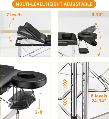 Vista 3 de Mesa de Masaje Portátil de 84" de Largo 24" de Ancho Profesional, Sofá de Masaje Reclinable de 3 Secciones, Cama de Aluminio Ajustable