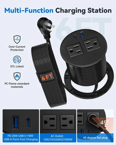 Vista 4 de Ojal de alimentación de escritorio con carga rápida USB C de 20 W, regleta de alimentación empotrada de 3 pulgadas para escritorio, mesas de Negro