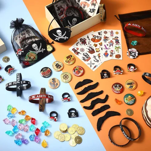 Vista 4 de 144 piezas de suministros de fiesta pirata incluyen pulsera pirata náutica tatuaje botón pin ojo parche oro moneda gema anillo bigote organza bolsa