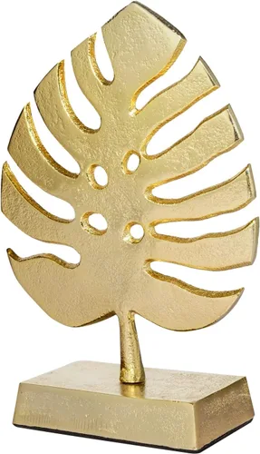 Vista 7 de MyGift Decoración de escultura de arte moderno de hoja de palmera de metal en tono latón, estatua de planta de Monstera - Hecho a mano en la India