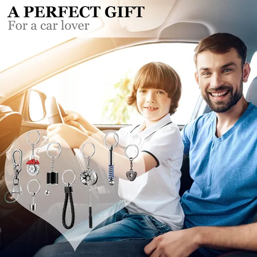 Vista 7 de Frienda Juego de 8 llaveros de mini herramientas para amantes de los automóviles, almohadilla de freno, rueda de coche, llavero turbo para hombres