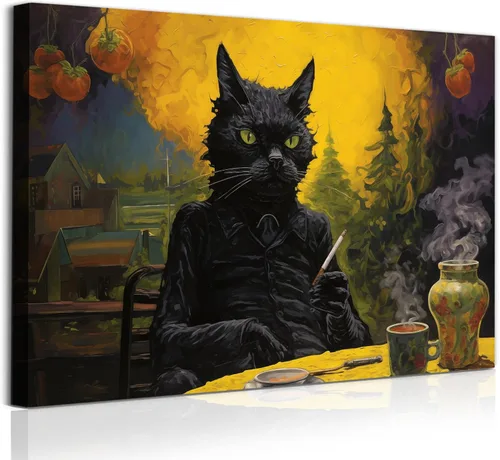 Vista 9 de Lienzo abstracto de gato para pared, impresiones de animales vintage, imágenes divertidas de gatos, animales bebiendo café, arte de pared de gatos