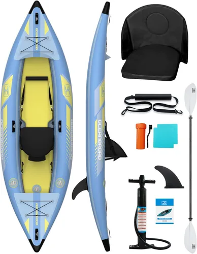 Vista 7 de OCEANBROAD Kayak Inflable Sit-in (SIN HIN), Kayak Inflable para 1 Persona/2 Personas para Adultos con Remo, Asiento de Kayak, Pedal, Bomba de Mano