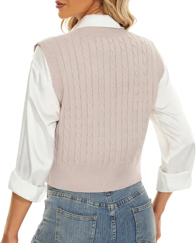 Vista 5 de Chaleco de punto trenzado para mujer, cuello en V, sin mangas, suéter de punto trenzado