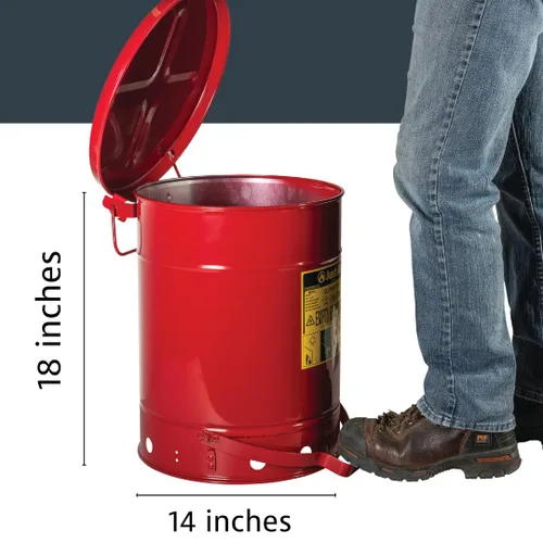 Vista 2 de Justrite Recipiente para desechos aceitosos de acero galvanizado de 10 galones, recipiente de seguridad metálico para trapos con aceite de 18 x 14